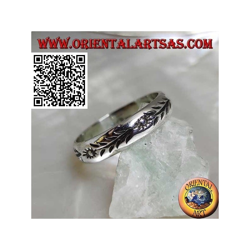 Anello in argento a fedina con girasoli e steli incisi