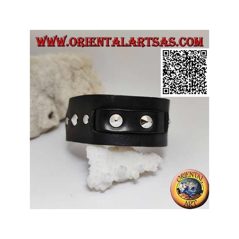 Pulsera de cuero genuino, tachuelas cónicas y banda central con cierre de hebilla y 5 largos (negro)