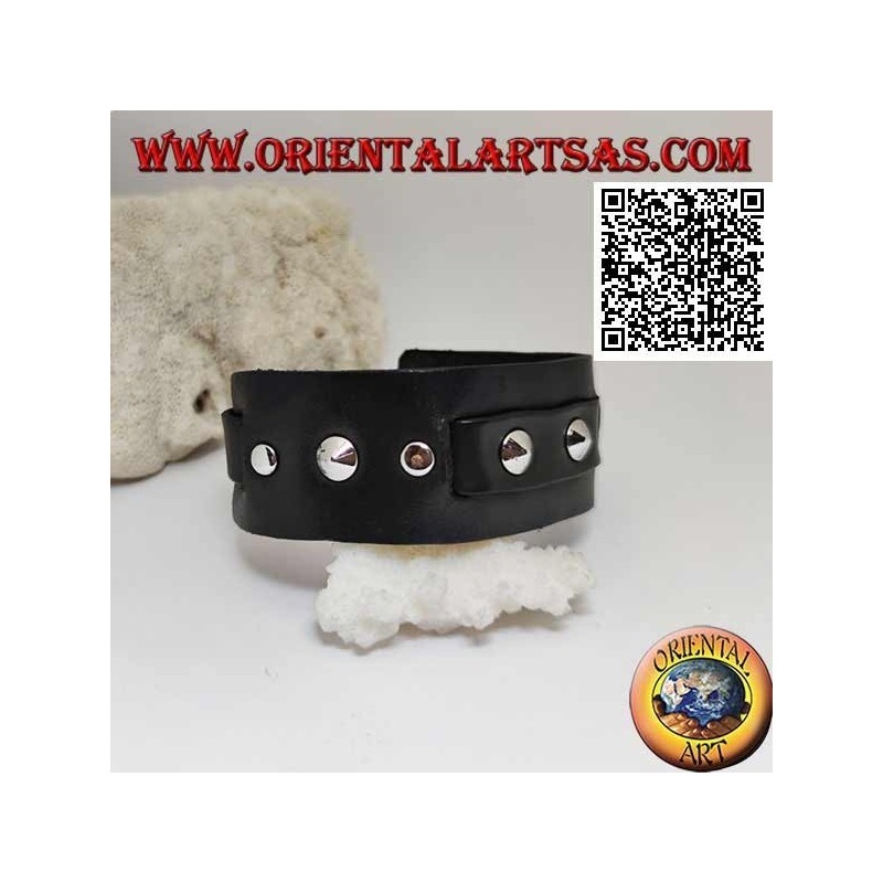 Bracelet en cuir véritable, clous coniques et bande centrale avec fermeture à boucle et 5 longueurs (noir)