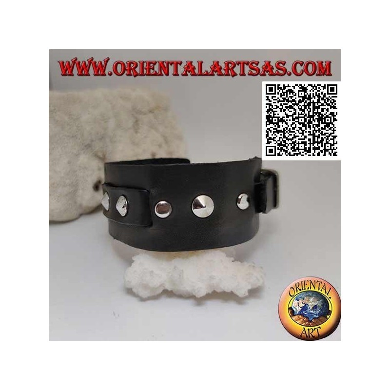 Echtes Lederarmband, konische Nieten und Mittelband mit Schnallenverschluss und 5 Längen (schwarz)