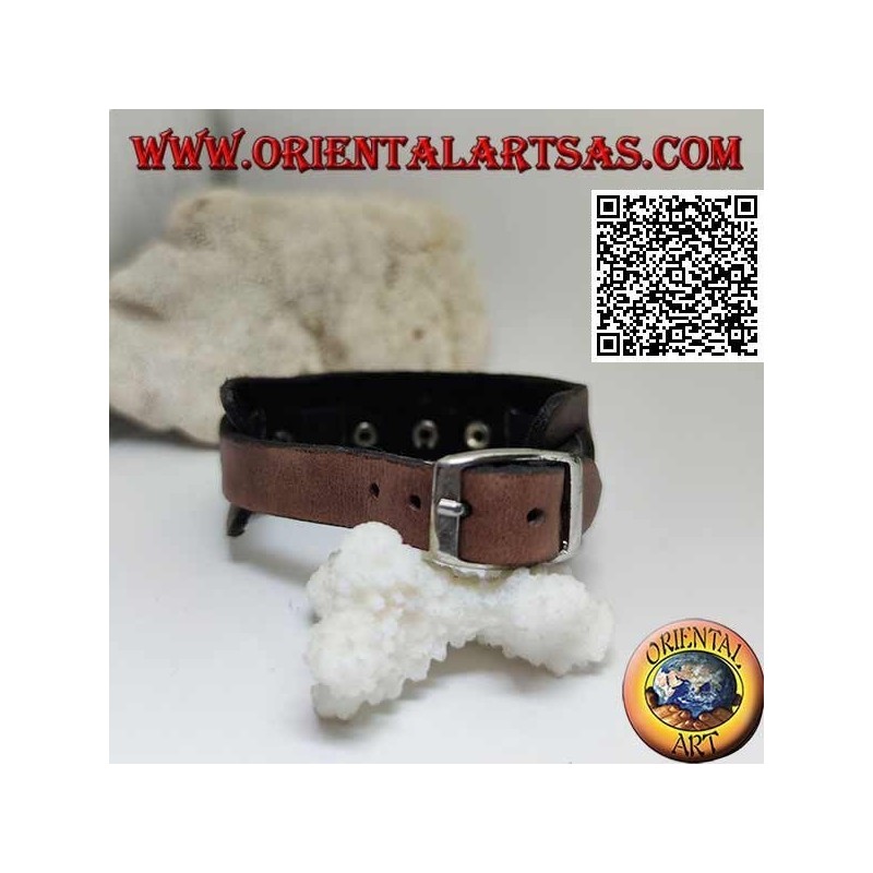Pulsera de cuero genuino, tachuelas en correa rota con cierre de hebilla y 5 largos (marrón)