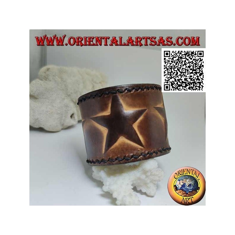 Bracelet large en cuir véritable, trois étoiles en relief avec fermeture à clip et 2 longueurs