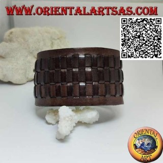 Wide bracelet in genuine leather, with 3 weaves in straw style with clip closure and 2 lengths (brown)