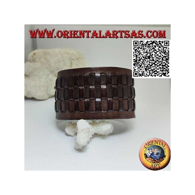 Bracelet large en cuir véritable, avec 3 tissages en style paille avec fermeture à clip et 2 longueurs (marron)