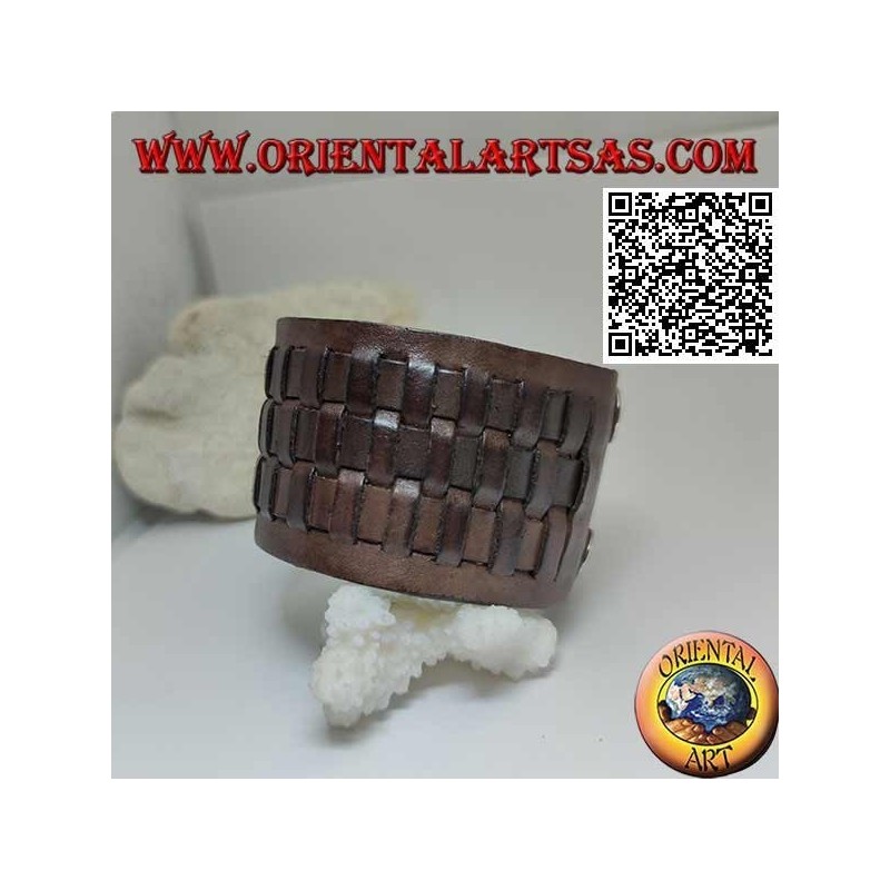 Breites Armband aus echtem Leder mit 3 Geweben im Strohstil mit Clipverschluss und 2 Längen (braun)