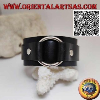 Genuine leather bracelet, central ring between straps with buckle closure and 5 lengths (black)