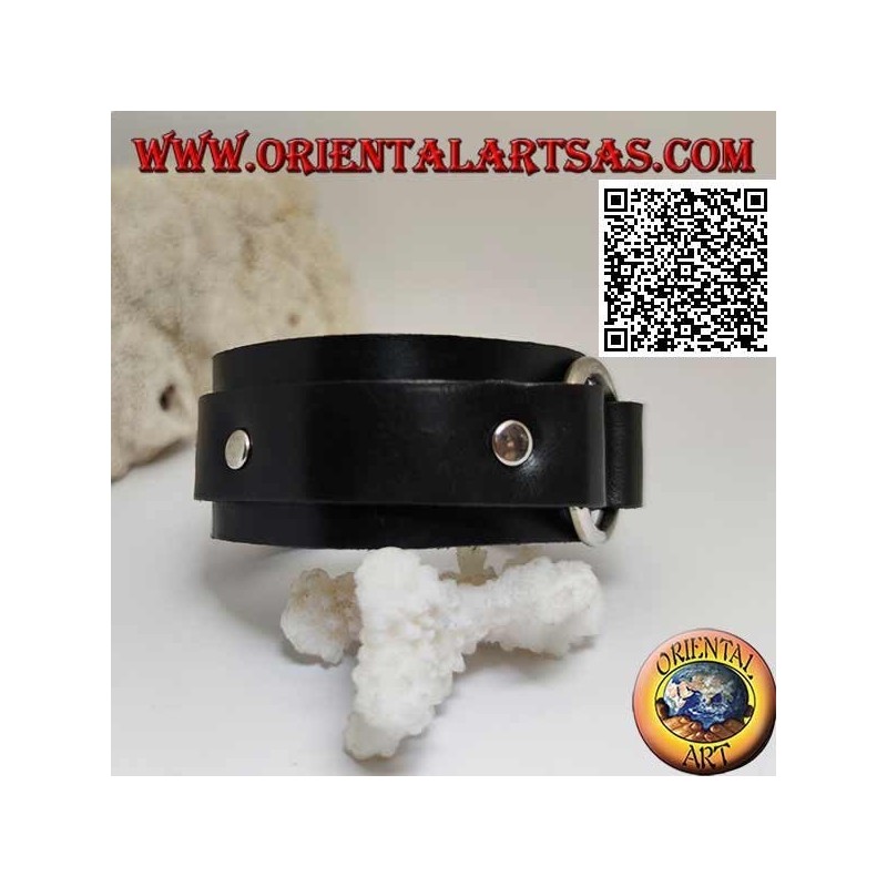 Genuine leather bracelet, central ring between straps with buckle closure and 5 lengths (black)