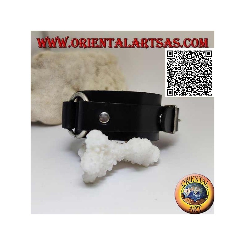 Echtes Lederarmband, zentraler Ring zwischen den Trägern mit Schnallenverschluss und 5 Längen (schwarz)