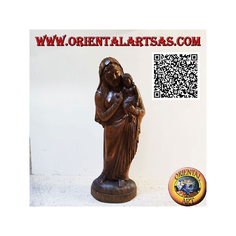 Sculpture statue d'une mère avec son enfant sur ses genoux en un seul bloc de bois de suar (148 cm)