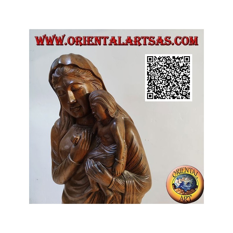 Scultura statua di una madre con bambino in grembo realizzata da un unico blocco di legno di suar (148 cm)