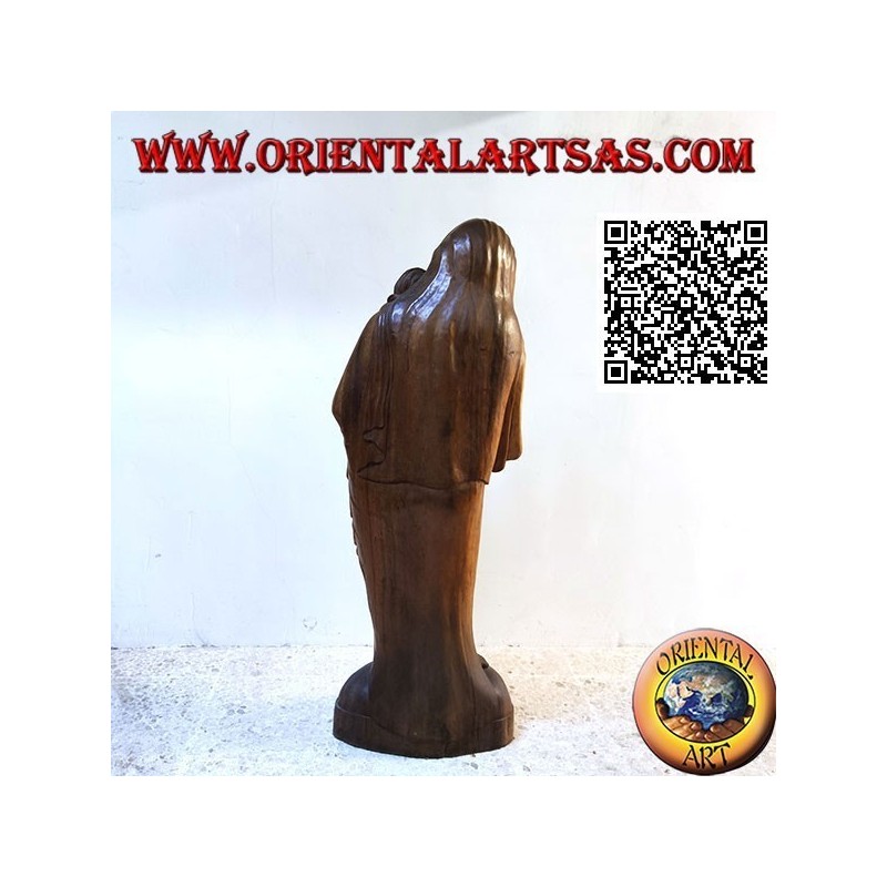 Scultura statua di una madre con bambino in grembo realizzata da un unico blocco di legno di suar (148 cm)