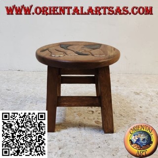 Tabouret bas en bois de suar avec éléphant gravé peint à la main