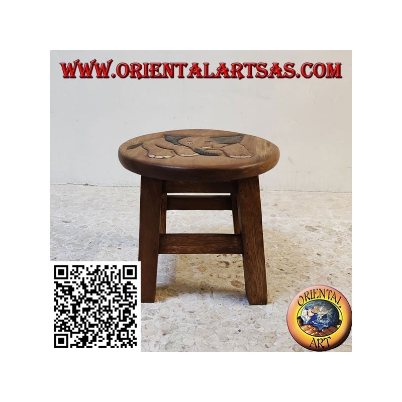 Niedriger Hocker aus Suarholz mit handbemaltem graviertem Elefanten