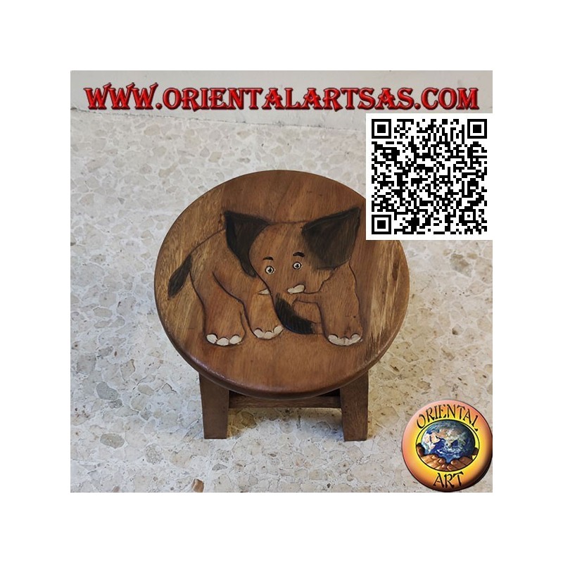 Tabouret bas en bois de suar avec éléphant gravé peint à la main