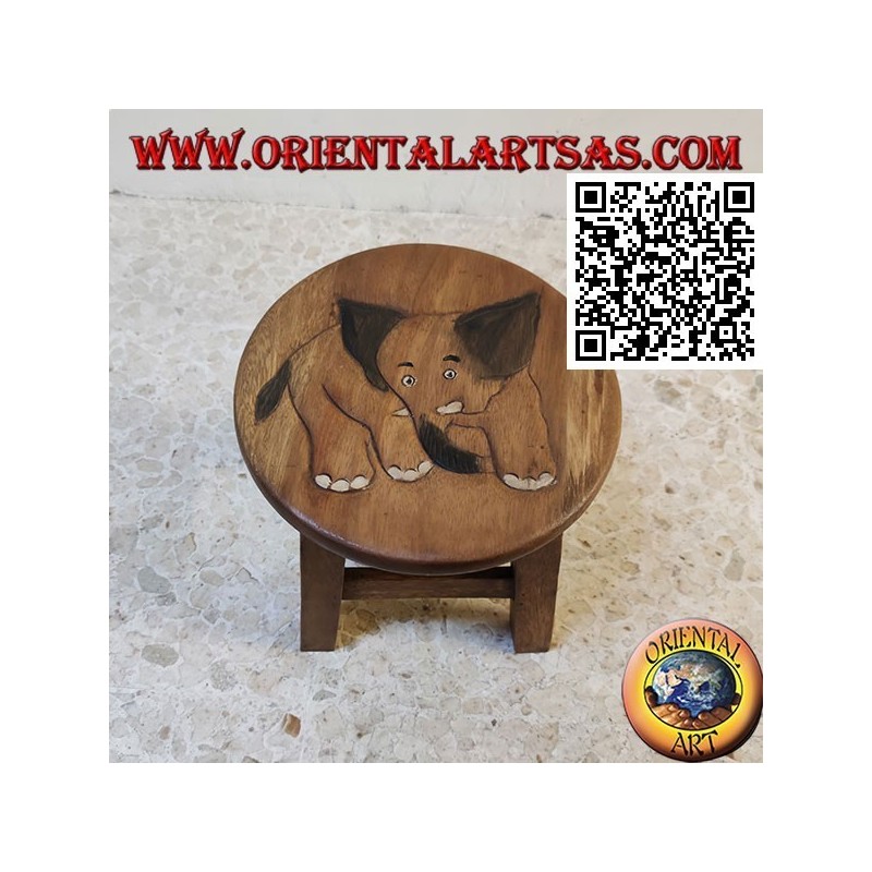 Tabouret bas en bois de suar avec éléphant gravé peint à la main
