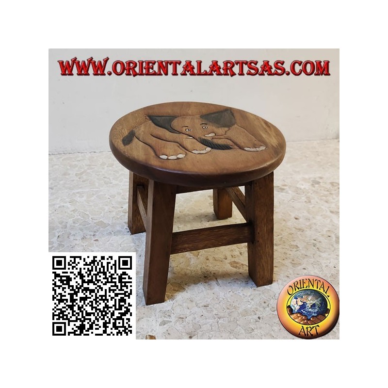 Tabouret bas en bois de suar avec éléphant gravé peint à la main