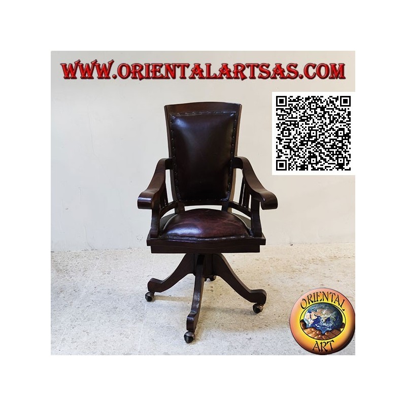 Office armchair in teak wood with upholstered seat and back upholstered in leather and wheels