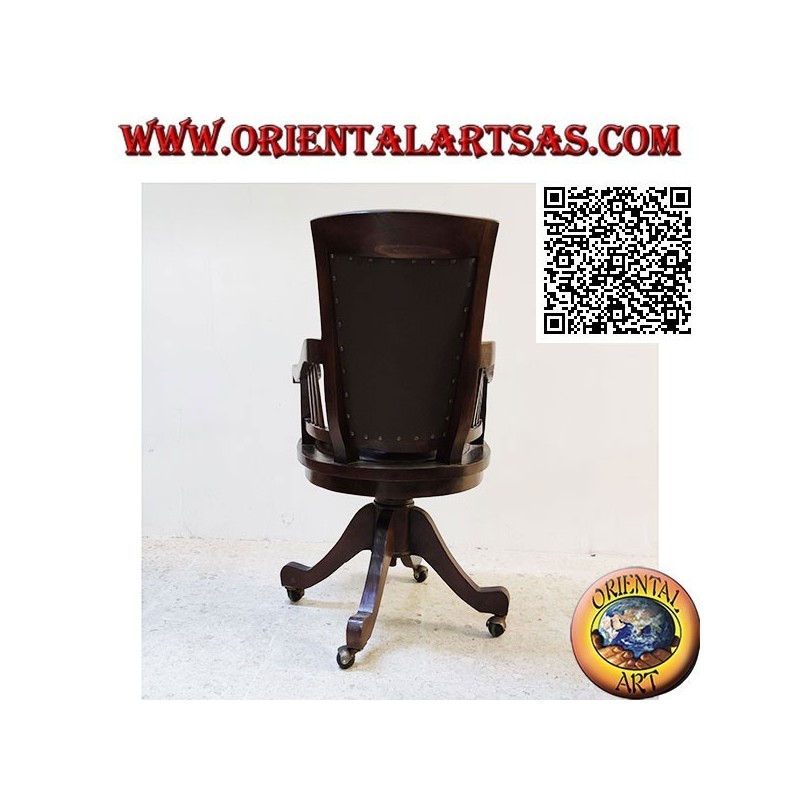 Office armchair in teak wood with upholstered seat and back upholstered in leather and wheels