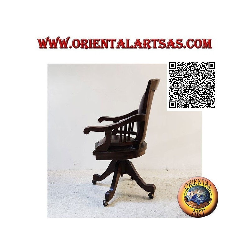 Office armchair in teak wood with upholstered seat and back upholstered in leather and wheels