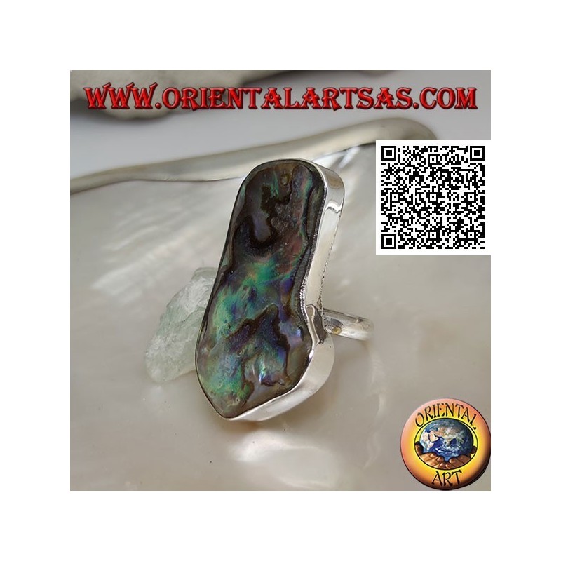 Silver ring with large irregular paua shell (abalone) on a simple band
