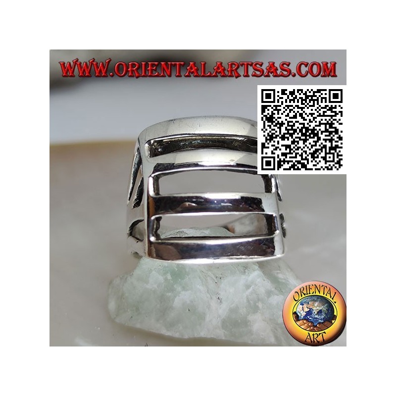Anillo de plata perforado convexo rectangular liso con cuatro bandas