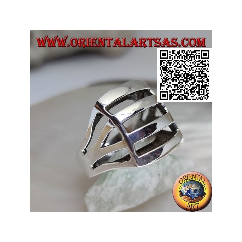 Anillo de plata perforado convexo rectangular liso con cuatro bandas