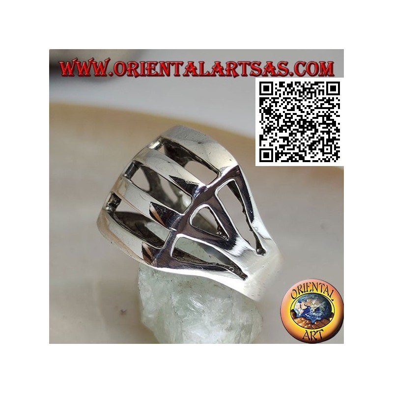 Smooth rectangular convex perforated silver ring with four bands