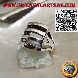 Bague en argent perforée convexe rectangulaire lisse avec quatre bandes