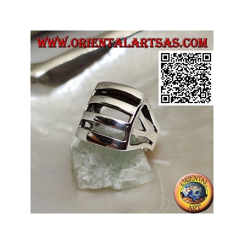 Smooth rectangular convex perforated silver ring with four bands