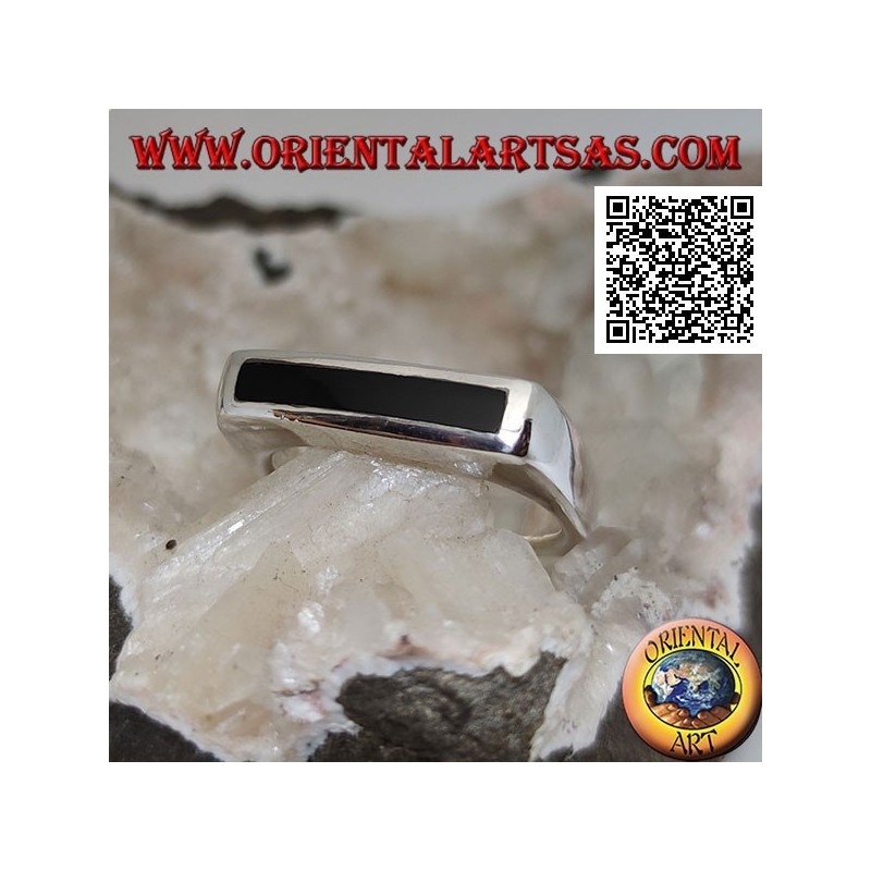 Silver ring with narrow rectangular onyx flush with the edge on a thick smooth frame