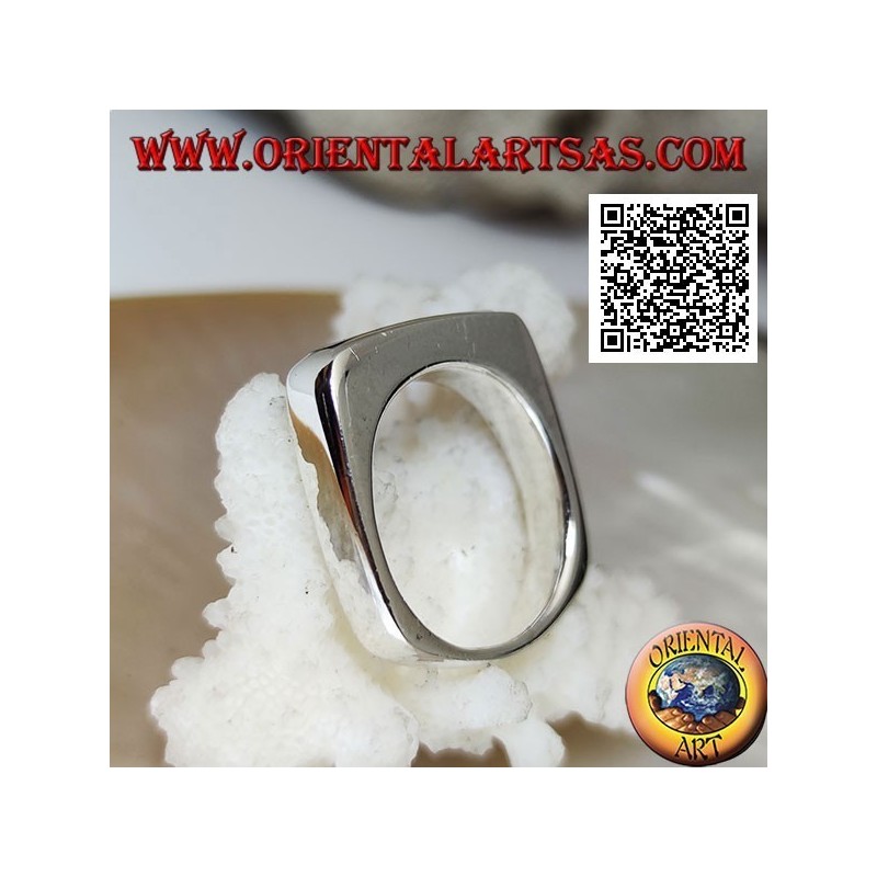 Silver ring with narrow rectangular onyx flush with the edge on a thick smooth frame