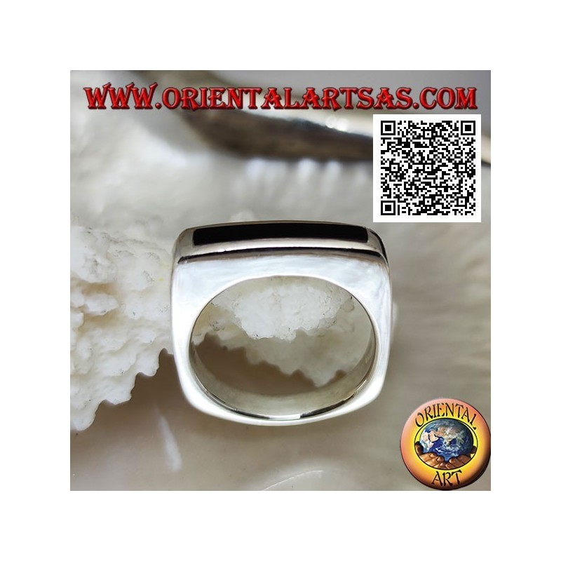 Silver ring with narrow rectangular onyx flush with the edge on a thick smooth frame