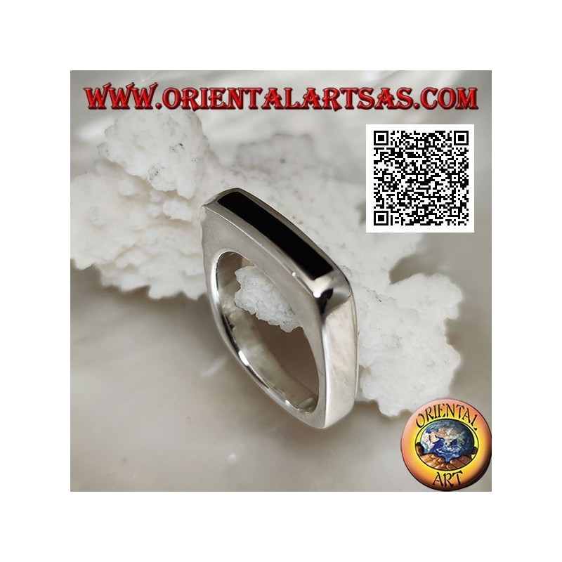 Silver ring with narrow rectangular onyx flush with the edge on a thick smooth frame