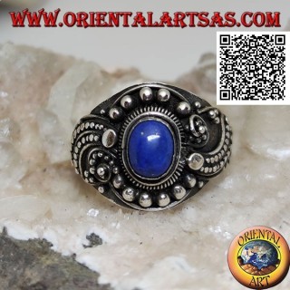 Silver ring with oval lapis lazuli and wavy beaded ethnic decoration