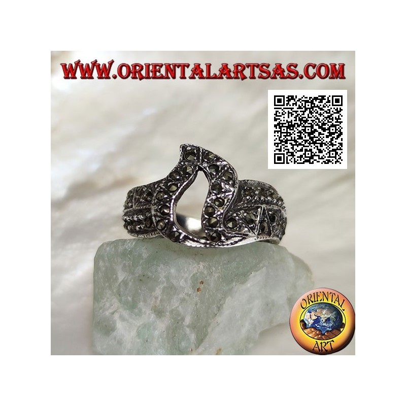 Silver band ring with central pierced flame studded with marcasite