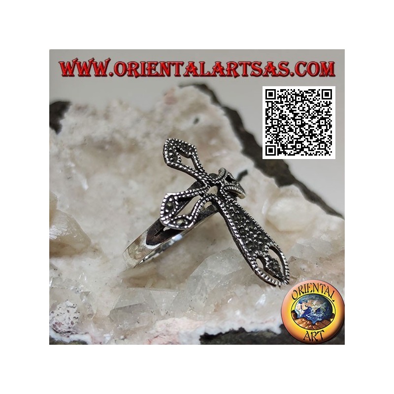 Silver ring in the shape of an openwork Latin cross studded with marcasite