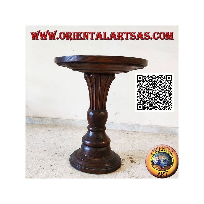 Round coffee table with blossoming conical central base hand carved in teak wood (72 cm)