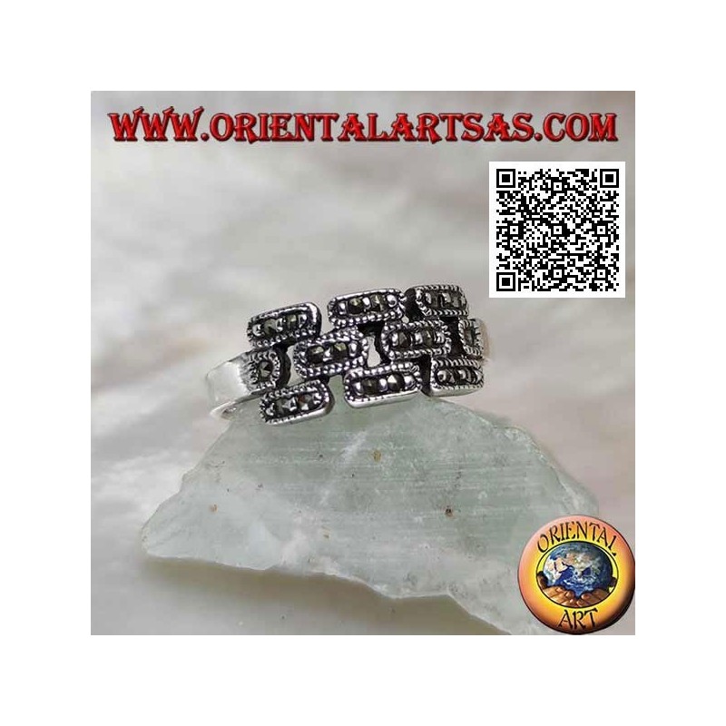 Anillo de plata en forma de pared de ladrillos tachonados con marcasita