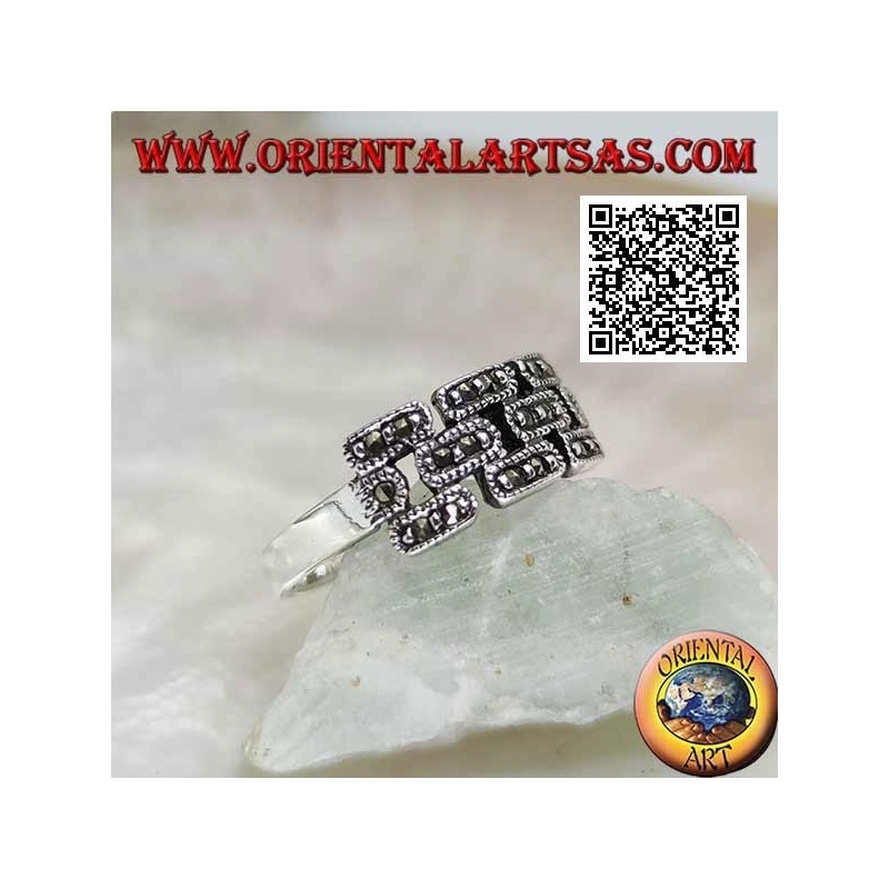 Silver ring in the shape of a wall of bricks studded with marcasite