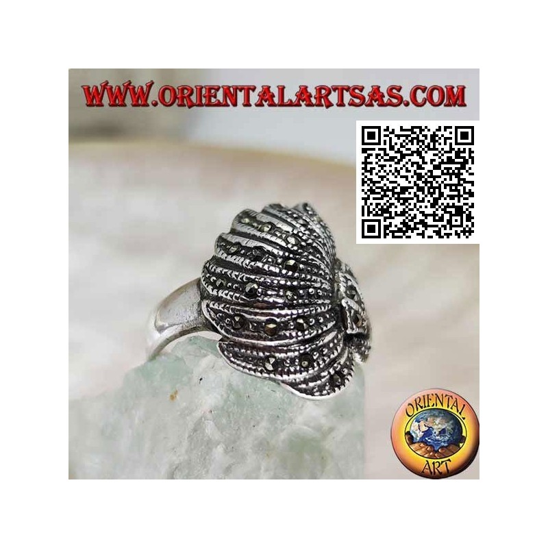 Silver ring in a convex fan studded with marcasite