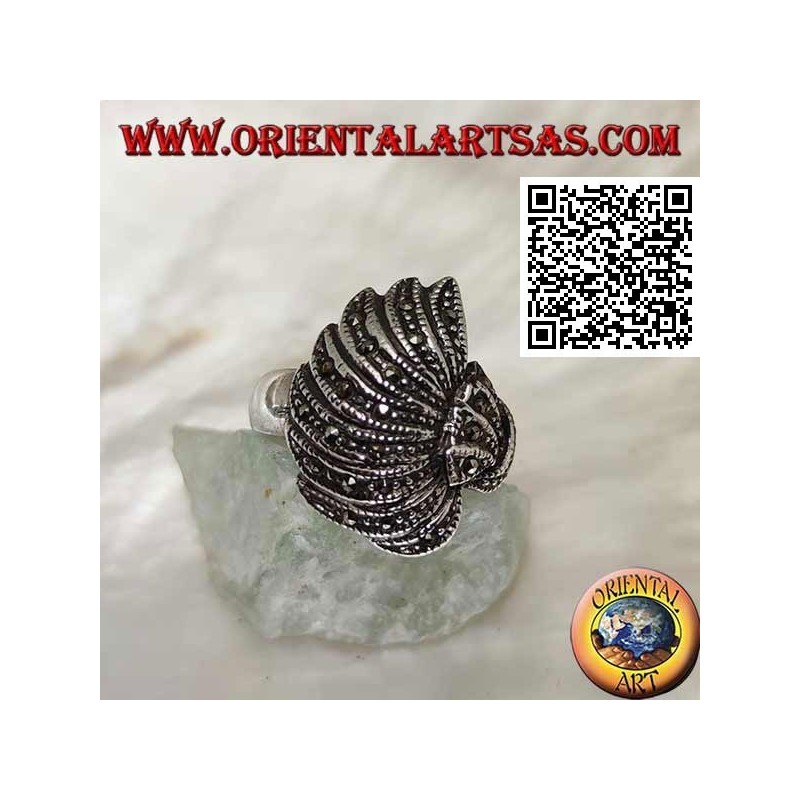 Silver ring in a convex fan studded with marcasite