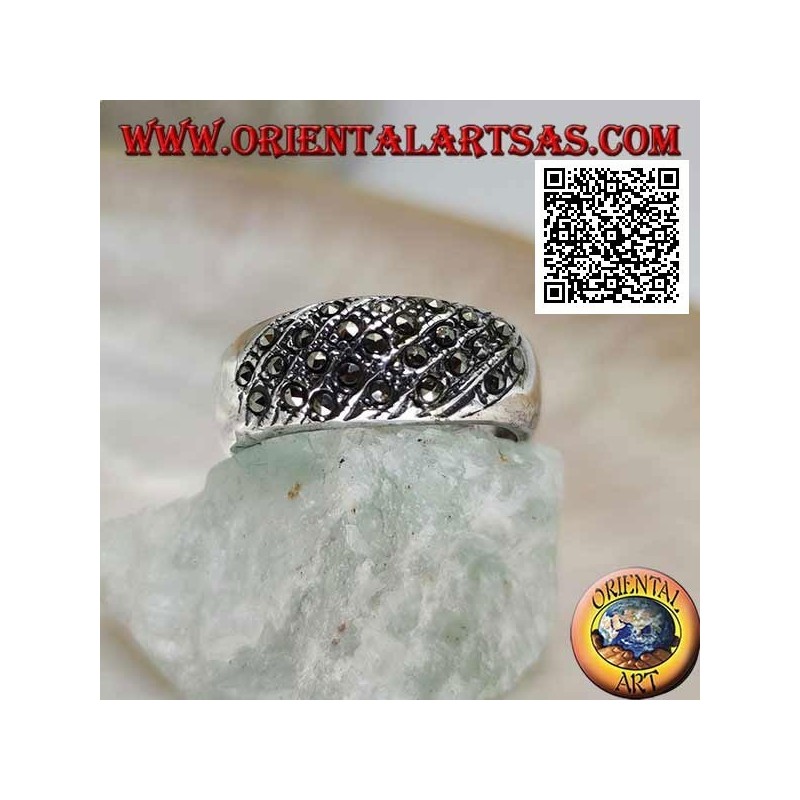 Wide band silver ring with marcasite oblique lines on the front