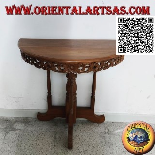 Table console demi-lune à décor floral ajouré en bois de teck artisanal