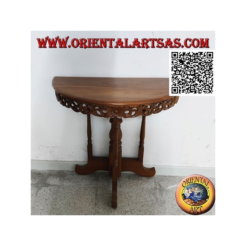 Tavolo consolle a mezzaluna con decoro floreale traforato in legno di teak realizzato a mano