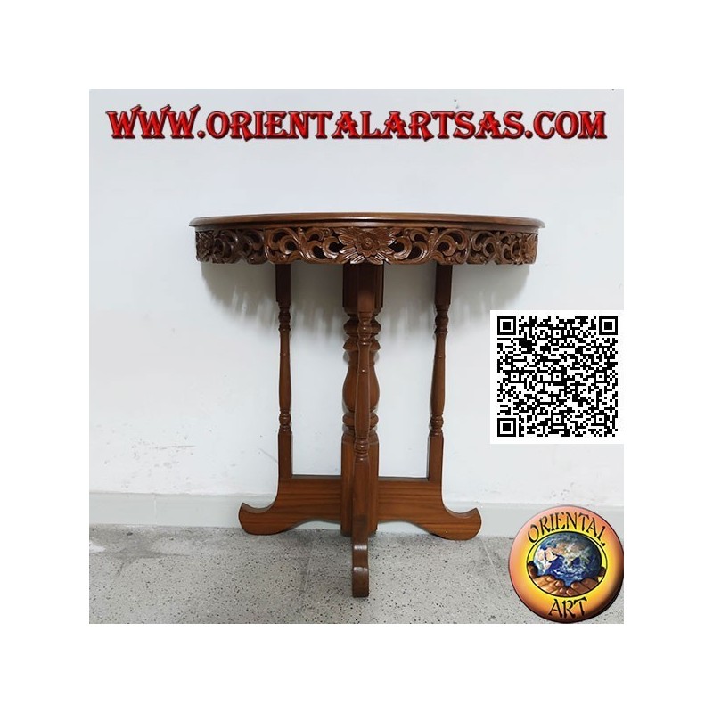 Tavolo consolle a mezzaluna con decoro floreale traforato in legno di teak realizzato a mano