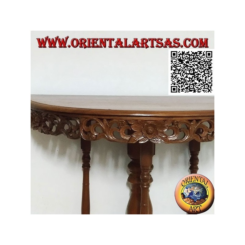 Tavolo consolle a mezzaluna con decoro floreale traforato in legno di teak realizzato a mano