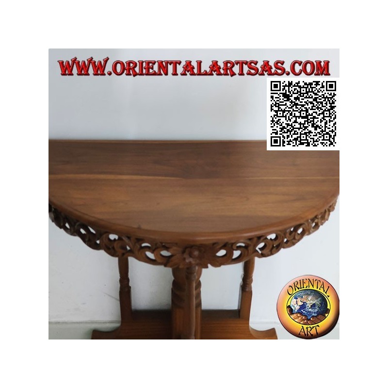 Consola de media luna con decoración floral calada en madera de teca artesanal