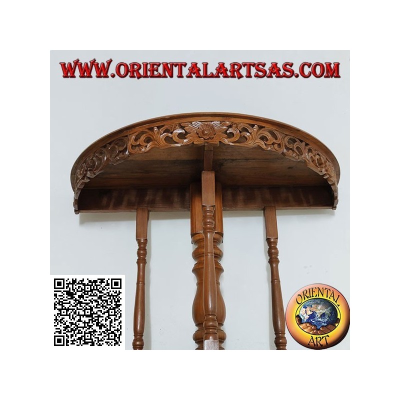 Half-moon console table with handcrafted teak wood openwork floral decoration