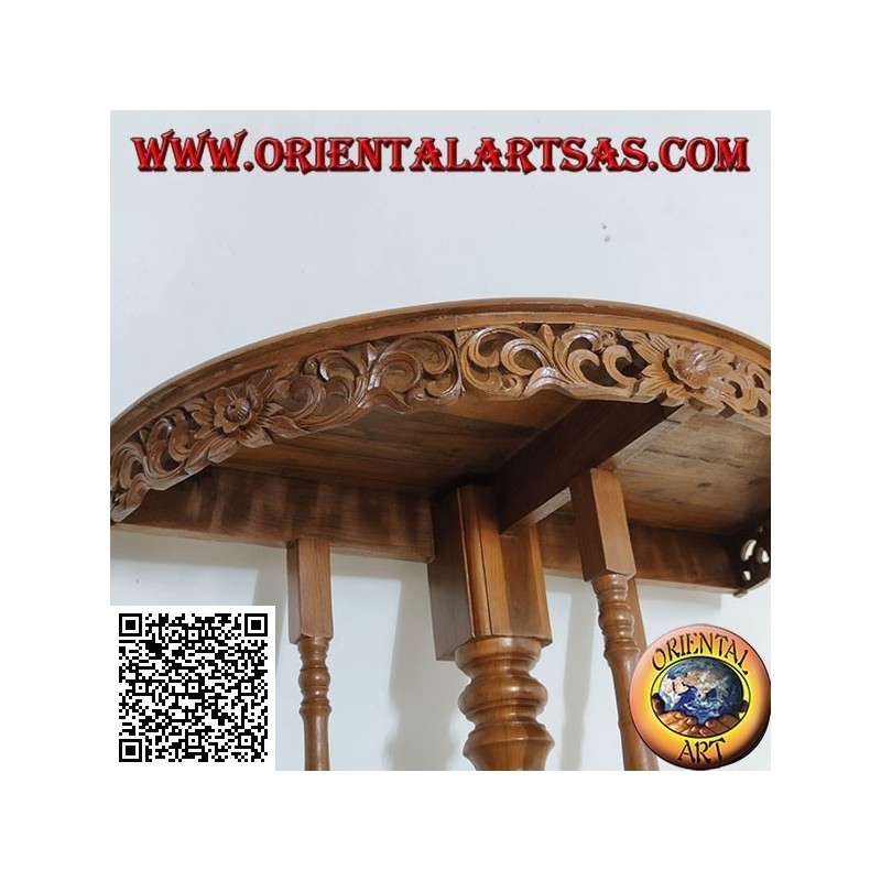 Half-moon console table with handcrafted teak wood openwork floral decoration