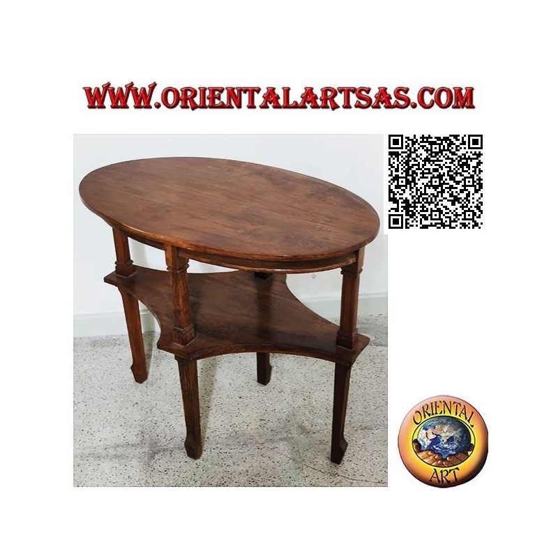 Mesa de centro ovalada de dos niveles en madera de teca hecha a mano (77 cm x 47 cm)